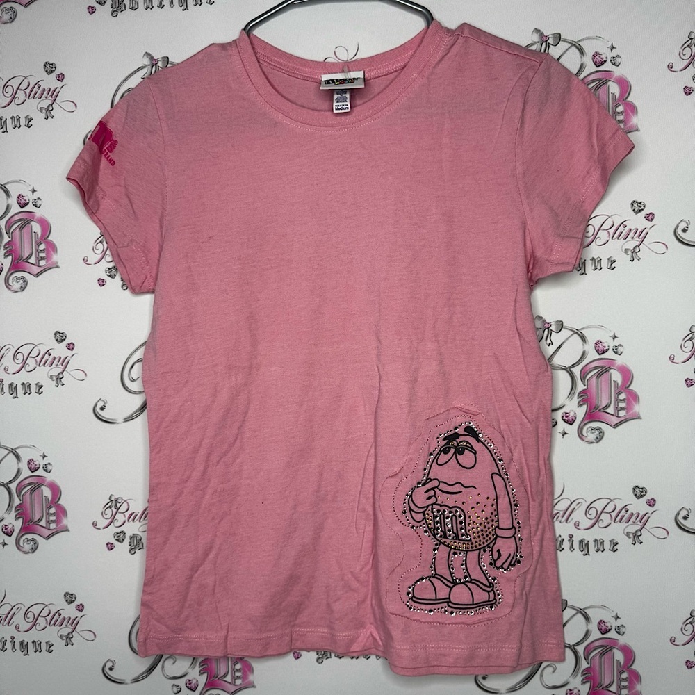M&m’s world tee shirt pink rhinestone bling crystals yellow pink rare collectors
